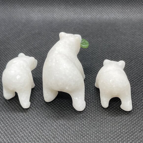 Hand Carved White Star Marble Grizzly Bear Family 3 pc Set Lot Jade Fish COA VTG - Picture 6 of 15